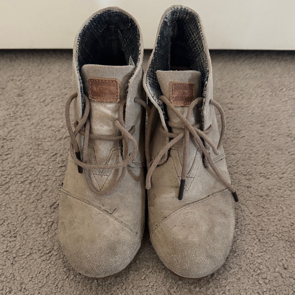 Toms Taupe Suede Lace-Up Ankle Wedge Boots